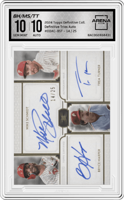 Bryce Harper/Mike Schmidt/Trea Turner from the 2024 Topps Definitive Collection set and given an overall grade of 10.