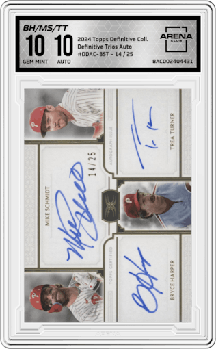 Bryce Harper/Mike Schmidt/Trea Turner from the 2024 Topps Definitive Collection set graded by Arena Club and given an overall grade of 10.