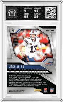 Josh Allen from the 2024 Panini Prizm set featuring a Silver Prizm parallel graded by Arena Club and given an overall grade of 9.