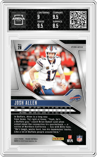 Josh Allen from the 2024 Panini Prizm set featuring a Silver Prizm parallel graded by Arena Club and given an overall grade of 9.