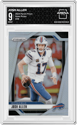 Josh Allen from the 2024 Panini Prizm set featuring a Silver Prizm parallel graded by Arena Club and given an overall grade of 9.
