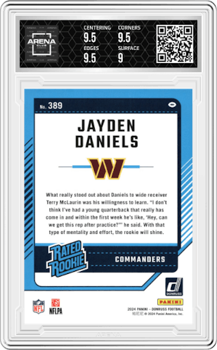 Jayden Daniels from the 2024 Donruss set graded by Arena Club and given an overall grade of 9.5.