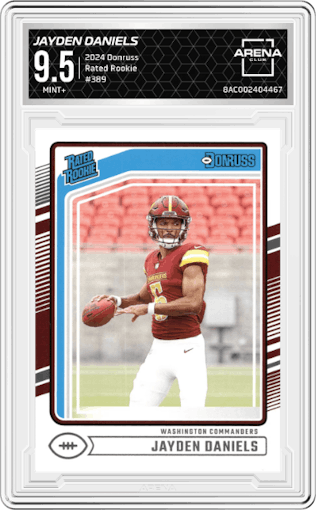 Jayden Daniels from the 2024 Donruss set graded by Arena Club and given an overall grade of 9.5.