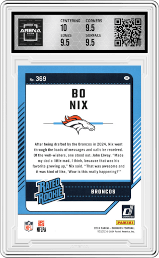 Bo Nix from the 2024 Donruss set graded by Arena Club and given an overall grade of 10.