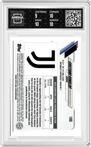 Cristiano Ronaldo from the 2020-21 Topps Chrome UEFA Champions League set graded by Arena Club and given an overall grade of 9.5.