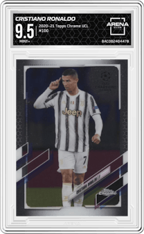 Cristiano Ronaldo from the 2020-21 Topps Chrome UEFA Champions League set graded by Arena Club and given an overall grade of 9.5.