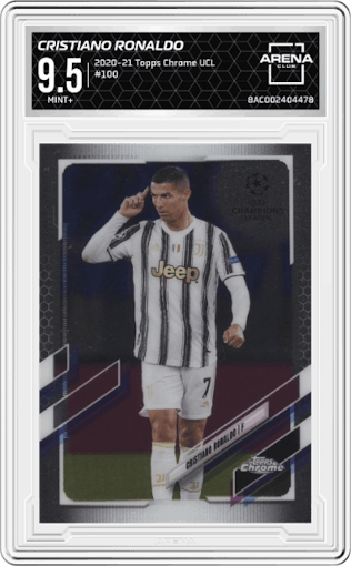 Cristiano Ronaldo from the 2020-21 Topps Chrome UEFA Champions League set graded by Arena Club and given an overall grade of 9.5.