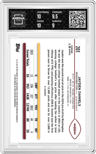 Jayden Daniels from the 2024 Topps Chrome set featuring a Gold Geometric Refractor parallel graded by Arena Club and given an overall grade of 9.5.