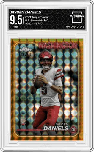 Jayden Daniels from the 2024 Topps Chrome set featuring a Gold Geometric Refractor parallel graded by Arena Club and given an overall grade of 9.5.