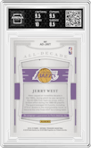 Jerry West from the 2018-19 Panini National Treasures set featuring a Platinum parallel graded by Arena Club and given an overall grade of 9.
