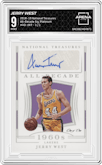 Jerry West from the 2018-19 Panini National Treasures set featuring a Platinum parallel graded by Arena Club and given an overall grade of 9.