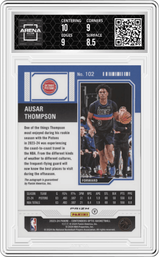 Ausar Thompson from the 2023-24 Panini Contenders Optic set featuring a Cracked Ice parallel graded by Arena Club and given an overall grade of 9.