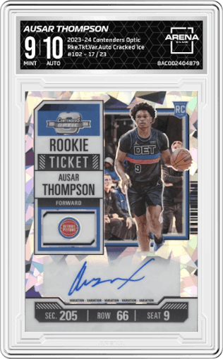 Ausar Thompson from the 2023-24 Panini Contenders Optic set featuring a Cracked Ice parallel graded by Arena Club and given an overall grade of 9.