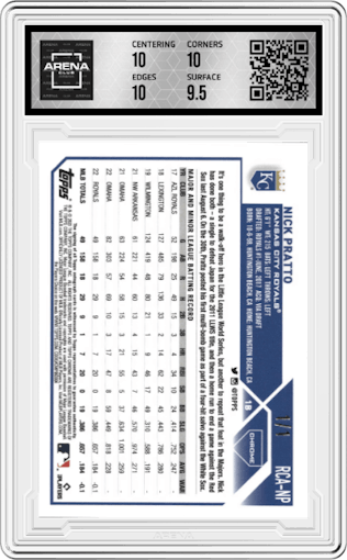 Nick Pratto from the 2023 Topps Chrome Logofractor Edition set featuring a SuperFractor parallel graded by Arena Club and given an overall grade of 10.