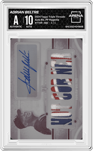 Adrian Beltre from the 2024 Topps Triple Threads set featuring a Printing Plates Magenta parallel graded by Arena Club.