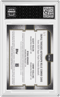 Scott Rolen / Jimmy Rollins / Ryan Howard from the 2024 Topps Triple Threads set featuring a Printing Plate Cyan parallel graded by Arena Club and given an overall grade of 0.