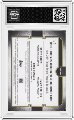 Scott Rolen / Jimmy Rollins / Ryan Howard from the 2024 Topps Triple Threads set featuring a Printing Plate Cyan parallel graded by Arena Club.