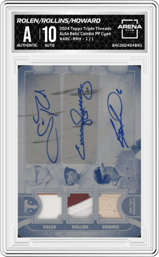 Scott Rolen / Jimmy Rollins / Ryan Howard from the 2024 Topps Triple Threads set featuring a Printing Plate Cyan parallel graded by Arena Club.