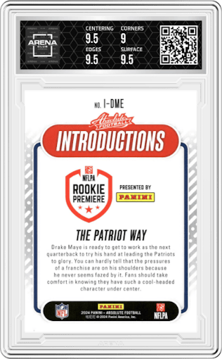 Drake Maye from the 2024 Panini Absolute set graded by Arena Club and given an overall grade of 9.5.