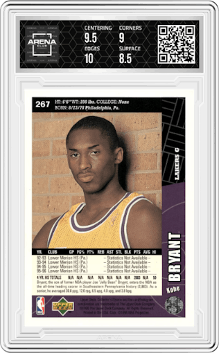 Kobe Bryant from the 1996-97 Upper Deck Collector's Choice set graded by Arena Club and given an overall grade of 9.