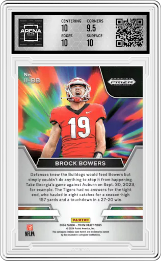 Brock Bowers from the 2024 Panini Prizm Draft Picks set graded by Arena Club and given an overall grade of 10.