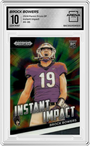 Brock Bowers from the 2024 Panini Prizm Draft Picks set graded by Arena Club and given an overall grade of 10.