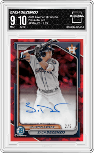 Zach Dezenzo from the 2024 Bowman Chrome Sapphire set featuring a Red parallel graded by Arena Club and given an overall grade of 9.