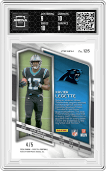 Xavier Legette from the 2024 Panini Spectra set featuring a Psychedelic  parallel graded by Arena Club and given an overall grade of 9.5.