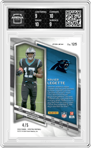 Xavier Legette from the 2024 Panini Spectra set featuring a Psychedelic  parallel graded by Arena Club and given an overall grade of 9.5.
