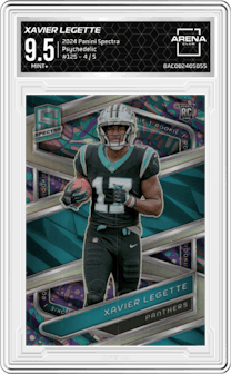 Xavier Legette from the 2024 Panini Spectra set featuring a Psychedelic  parallel graded by Arena Club and given an overall grade of 9.5.