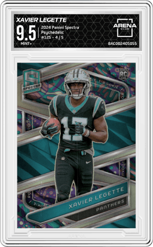 Xavier Legette from the 2024 Panini Spectra set featuring a Psychedelic  parallel graded by Arena Club and given an overall grade of 9.5.