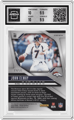 John Elway from the 2024 Panini Prizm set featuring a Red Shimmer parallel graded by Arena Club and given an overall grade of 10.