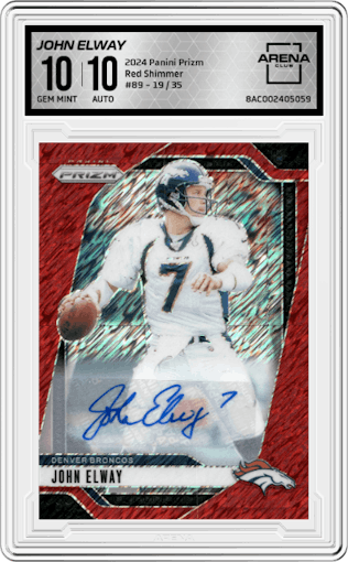 John Elway from the 2024 Panini Prizm set featuring a Red Shimmer parallel graded by Arena Club and given an overall grade of 10.