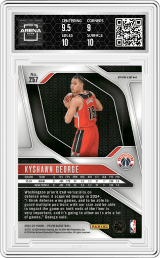 Kyshawn George  from the 2024-25 Panini Prizm set featuring a Choice Tiger Stripe parallel graded by Arena Club and given an overall grade of 9.5.