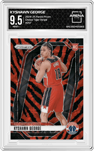 Kyshawn George  from the 2024-25 Panini Prizm set featuring a Choice Tiger Stripe parallel graded by Arena Club and given an overall grade of 9.5.