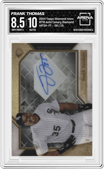 Frank Thomas from the 2024 Topps Diamond Icons set featuring a Canary Diamond parallel graded by Arena Club and given an overall grade of 8.5.