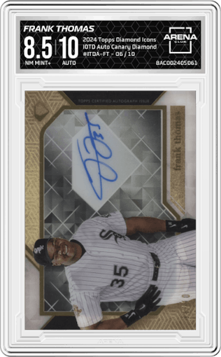 Frank Thomas from the 2024 Topps Diamond Icons set featuring a Canary Diamond parallel graded by Arena Club and given an overall grade of 8.5.