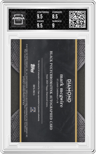 Mark McGwire from the 2024 Topps Diamond Icons set featuring a Silver Ink Black parallel graded by Arena Club and given an overall grade of 9.