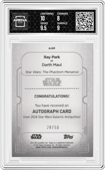 Darth Maul from the 2024 Topps Star Wars Galactic Antiquities set graded by Arena Club and given an overall grade of 8.5.
