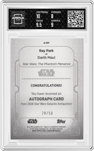 Darth Maul from the 2024 Topps Star Wars Galactic Antiquities set graded by Arena Club and given an overall grade of 8.5.