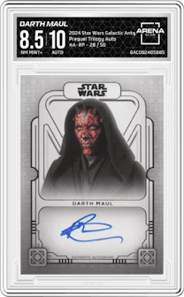 Darth Maul from the 2024 Topps Star Wars Galactic Antiquities set graded by Arena Club and given an overall grade of 8.5.