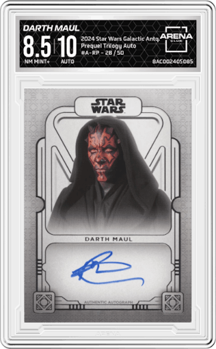 Darth Maul from the 2024 Topps Star Wars Galactic Antiquities set graded by Arena Club and given an overall grade of 8.5.