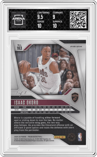 Isaac Okoro from the 2024-25 Panini Prizm set featuring a Black Shimmer parallel graded by Arena Club and given an overall grade of 9.5.