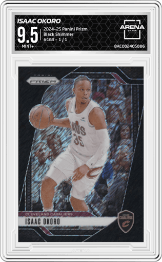 Isaac Okoro from the 2024-25 Panini Prizm set featuring a Black Shimmer parallel graded by Arena Club and given an overall grade of 9.5.