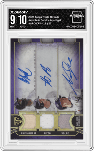 Jazz Chisholm Jr./Anthony Rizzo/Anthony Volpe  from the 2024 Topps Triple Threads set featuring a Amethyst parallel graded by Arena Club and given an overall grade of 9.