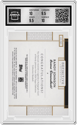 Randy Johnson from the 2024 Topps Definitive Collection set featuring a Purple parallel graded by Arena Club and given an overall grade of 10.