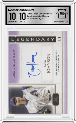 Randy Johnson from the 2024 Topps Definitive Collection set featuring a Purple parallel graded by Arena Club and given an overall grade of 10.