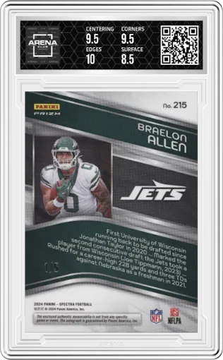 Braelon Allen from the 2024 Panini Spectra set featuring a Psychedelic  parallel graded by Arena Club and given an overall grade of 9.