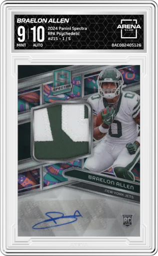 Braelon Allen from the 2024 Panini Spectra set featuring a Psychedelic  parallel graded by Arena Club and given an overall grade of 9.