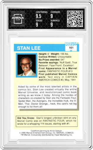 Stan Lee from the 1990 Impel Marvel Universe  set graded by Arena Club and given an overall grade of 9.